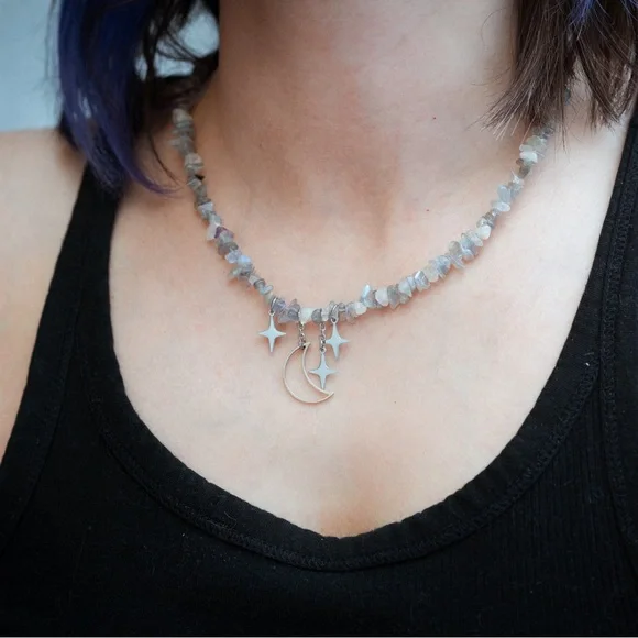 Starry Night natural gemstone lapis lazuli moonstone beads statement necklace - Picture 7 of 10